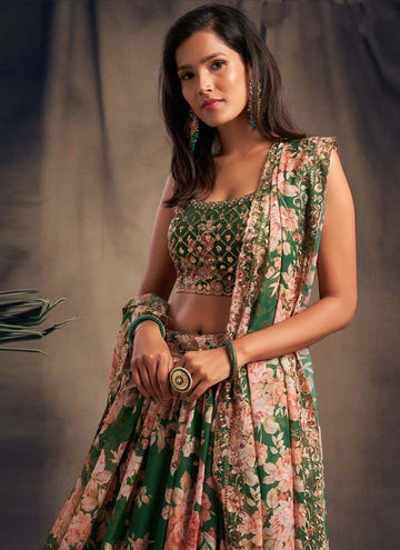 Wedding Special Organza Floral Print Green Lehenga For Mehendi Rasam